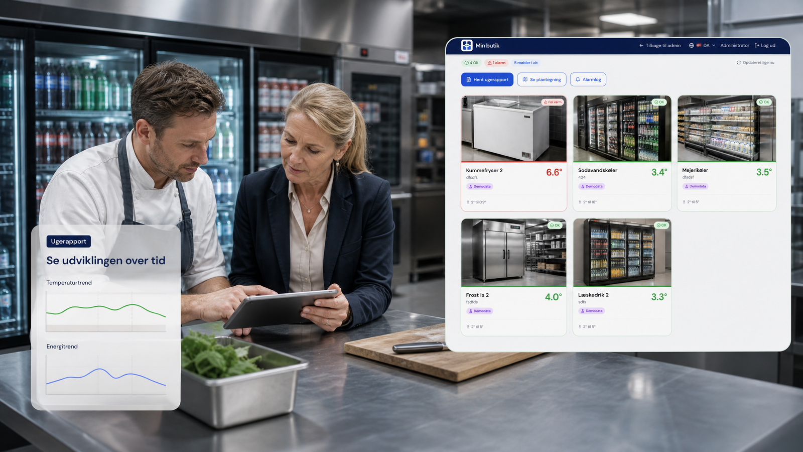 Ugerapport med temperatur- og energitrend ved siden af dashboardet