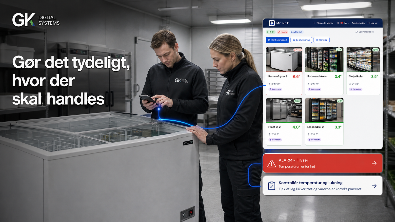 Teknikere ved kummefryser med alarm og anbefalet handling i systemet